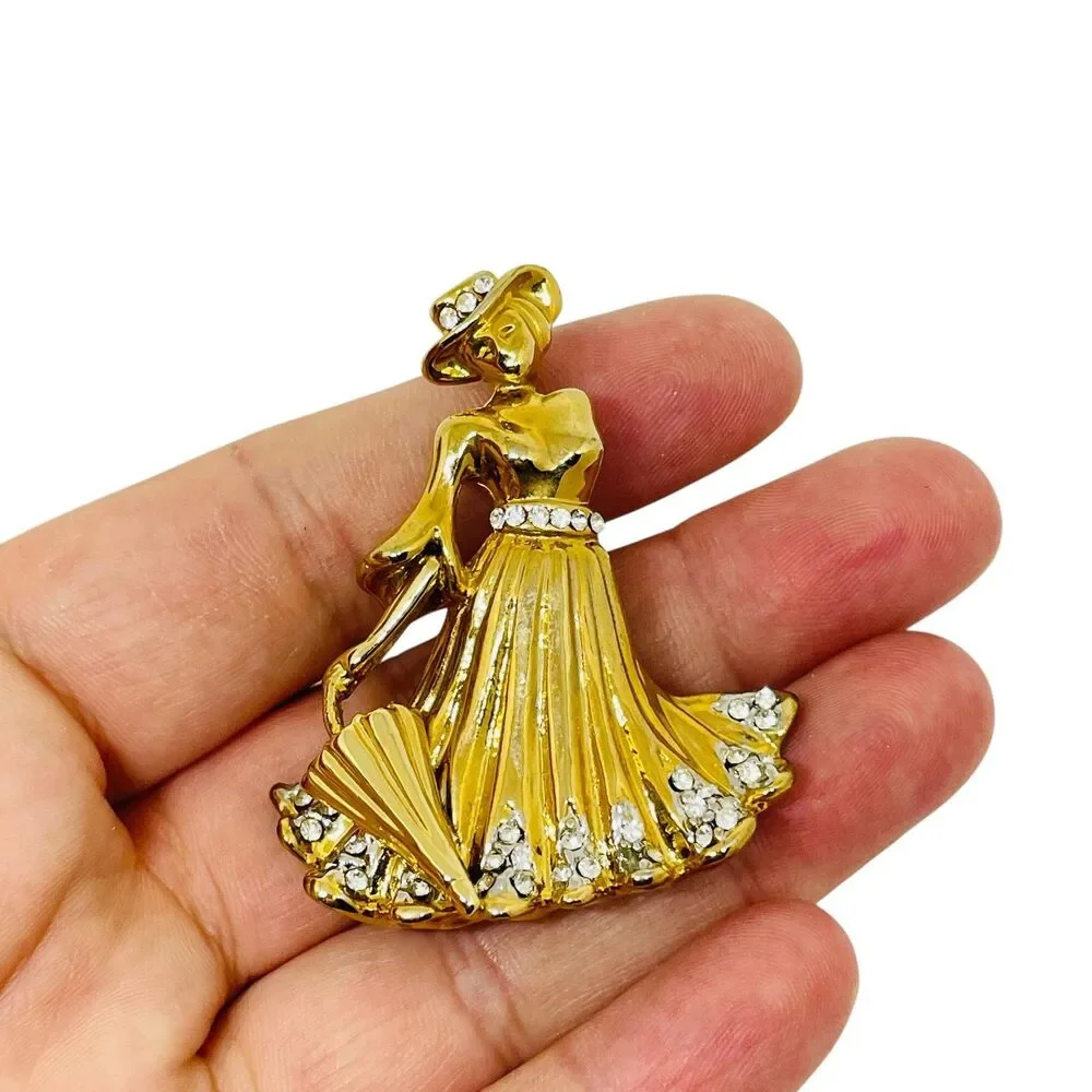 Vintage gold tone rhinestones lady pin brooch